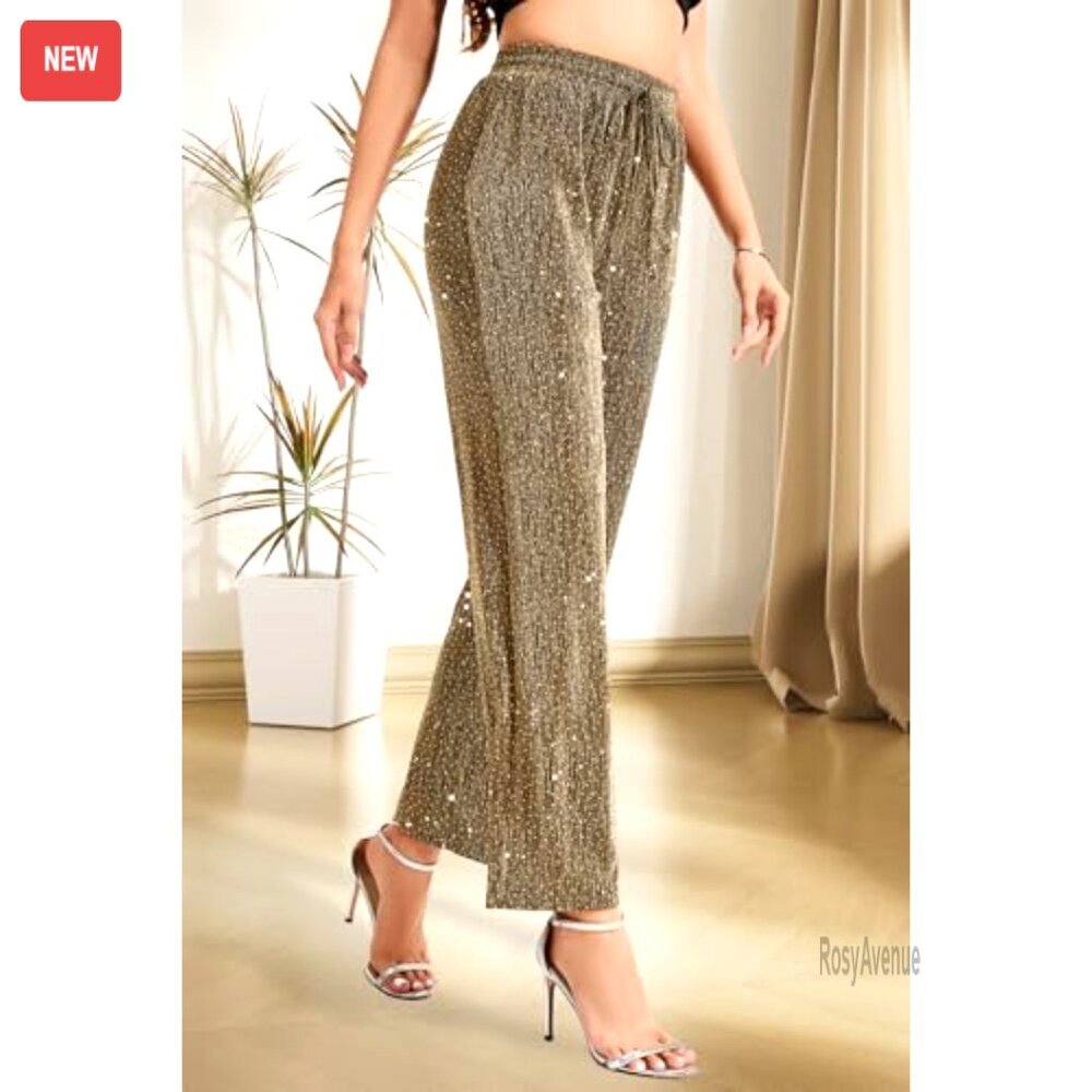 High Elastic Waist Wide Leg Palazzo Pants Glitter Sparkle Casual Loose Long - Picture 3 of 7